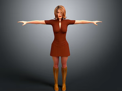A Woman In Brown Dress And Brown Boots With Arms Outstretched Against Gray Background 3d model