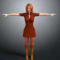 A Woman In Brown Dress And Brown Boots With Arms Outstretched Against Gray Background