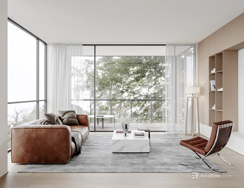 Modern Living Dining Room Interior Design With Brown Sofa Dining Table Large Windows And Decor Elements 3d model