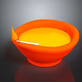 Artistic Orange Bowl Shaped Sculpture Featuring Yellow Liquid And Flame Like Element