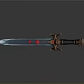 Decorative Blue Blade Sword With Red Markings Ornate Hilt Black Handle And Flame Pommel