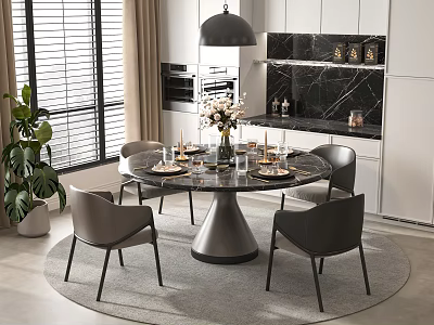 Modern Round Dining Table Set With Marble Top Four Leather Chairs And Flower Centerpiece 3d model