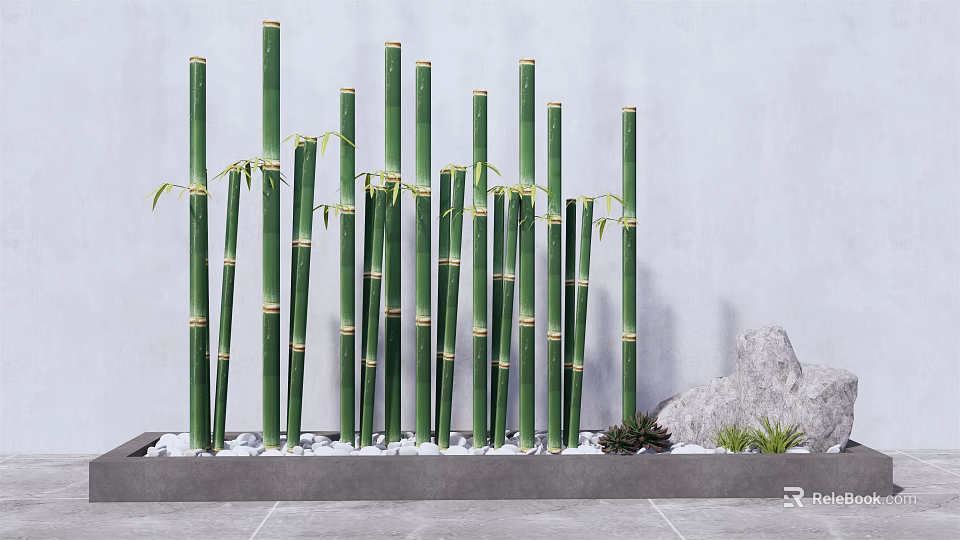 Green Bamboo Poles Arrangement With White Pebbles And Small Plants In Modern Setting 3d model 