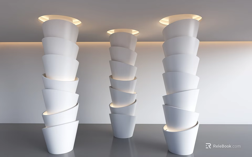 White Spiral Columns With Illuminated Details In Modern Interior Design Space 3d model 