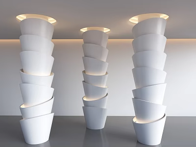 White Spiral Columns With Illuminated Details In Modern Interior Design Space 3d model