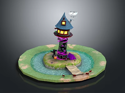 Magical Tower Structure With Round Grass Base Water Pond Wooden Bridge And Cloud Decoration 3d model