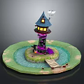 Magical Tower Structure With Round Grass Base Water Pond Wooden Bridge And Cloud Decoration