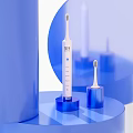 Electric Toothbrush With Brush Head On Blue Display Stand Modern Design