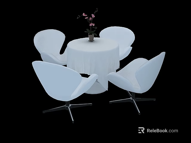 Modern Round Table And Chairs Set With White Tablecloth Pink Flowers Vase And Metal Legs 3d model 