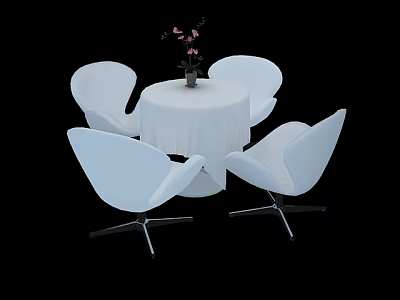 Modern Round Table And Chairs Set With White Tablecloth Pink Flowers Vase And Metal Legs 3d model