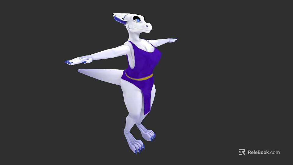 White Anthropomorphic Game Movie Character With Purple Outfit And Blue Claws 3d model 