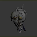 Silver Armored Character With Glowing Orange Eyes Beside Sword And Shield Featuring Red Gem