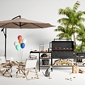 BBQ Grill BBQ Outdoor Table and Chair Camping Table and Chair Coconut Tree Parasol 3d model