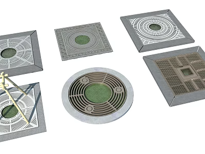 Different Shaped Tree Grates With Decorative Patterns And Central Green Areas 3d model