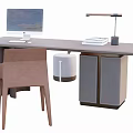 Modern Office Desk Workspace With Computer Lamp Chair And Storage Stools 3d model