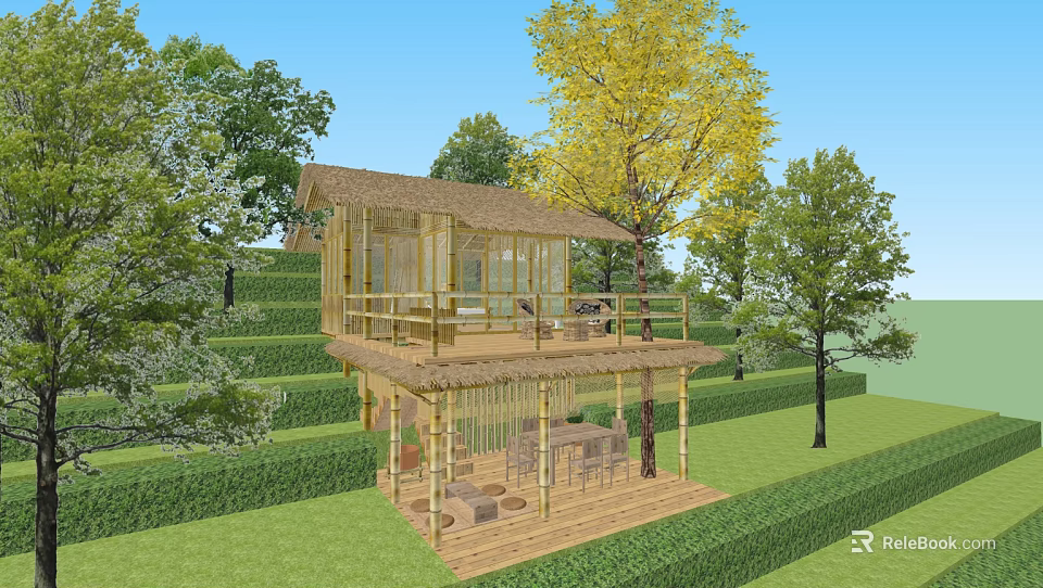 Charming Bamboo Homestay Building With Thatched Roof And Wooden Terrace Amid Green Trees 3d model 