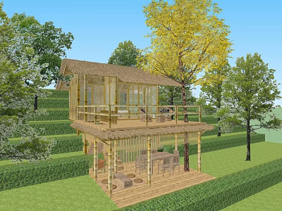 Charming Bamboo Homestay Building With Thatched Roof And Wooden Terrace Amid Green Trees 3d model