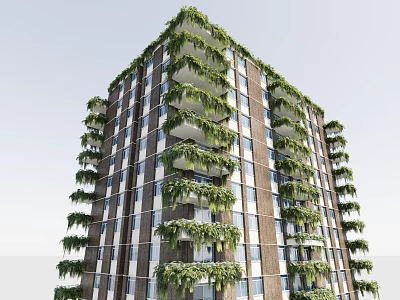 Green Vines Covering Modern High Rise Building Facade With Balconies And Lush Foliage 3d model