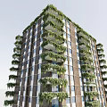 Green Vines Covering Modern High Rise Building Facade With Balconies And Lush Foliage