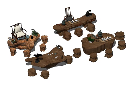 Chinese root carving tea sea root carving tea table tea table combination 3d model
