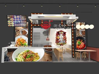 Modern Noodle Shop Interior in Mall with Menu Displays Tables and Chairs 3d model