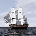 Traditional Wooden Sailing Ship Sailing On Calm Sea With White Sails And Blue Sky