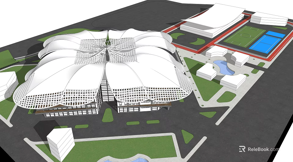 Modern Commercial Complex Featuring Unique Roof Structure Green Spaces And Water Elements 3d model 