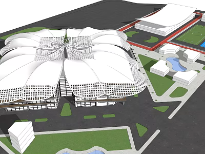 Modern Commercial Complex Featuring Unique Roof Structure Green Spaces And Water Elements 3d model