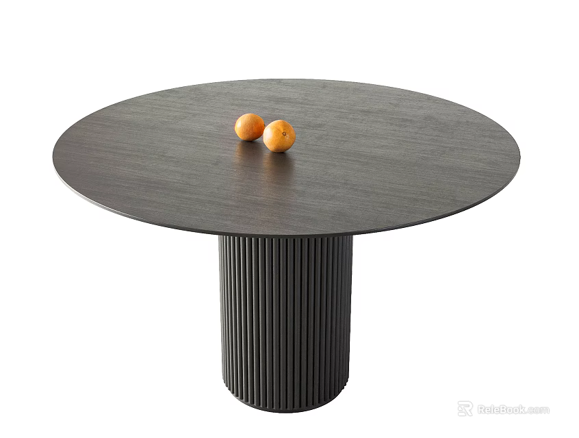 Round Dark Wooden Dining Table With Two Oranges And Cylindrical Fluted Base 3d model