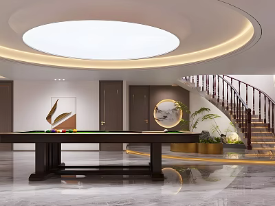 Elegant Modern Billiard Room Interior With Circular Ceiling Light Staircase Potted Plant And Decorative Painting 3d model