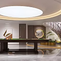 Elegant Modern Billiard Room Interior With Circular Ceiling Light Staircase Potted Plant And Decorative Painting