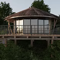 Thatched Cottage With Wooden Deck And Stone Steps In Lush Green Trees Surroundings