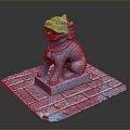 Blue Lion Statue In Sitting Pose With Decorative Collar On Brick Pedestal