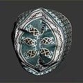 Teal Ethnic Style Hat with Geometric Patterns and Brown Leaf Designs