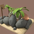 Cartoon Happy Island Scene With Palm Trees Round Hut Sandy Beach And Stone Path