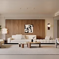 Modern Living Room Interior With Wooden Wall Abstract Art White Sofa And Coffee Table