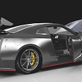 Silver Sports Car With Open Hood Red Engine Open Doors And Yellow Alloy Wheels