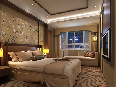 Elegant Hotel Room With King Bed Floral Wallpaper City View Sofa And Patterned Carpet 3d model
