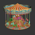 Illuminated Carousel Amusement Ride With Red White Striped Canopy Blue Gold Decorations And Pony Seats
