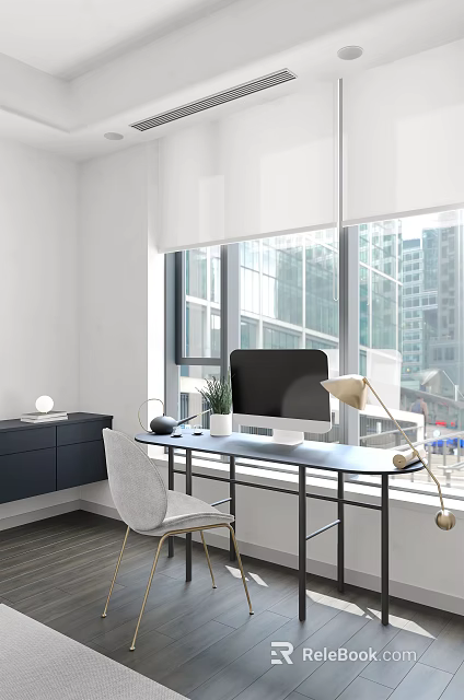 Modern Home Office Desk With Computer Lamp Potted Plant And City View Through Window 3d model 