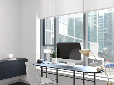 Modern Home Office Desk With Computer Lamp Potted Plant And City View Through Window 3d model