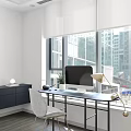 Modern Home Office Desk With Computer Lamp Potted Plant And City View Through Window