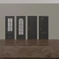 Four Black Hinged Doors With Different Glass Designs Light Colored Walls And Wooden Floor