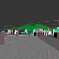 Modern Entrance Gate With Wave Shaped Curved Design Purple Lighting Trees And People Walking
