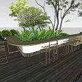 Outdoor Wooden Deck Table And Chair Set With Golden Bar Stools And Green Plants