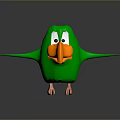 Cartoon Character Green Parrot With Orange Beak And Colorful Wings Standing On Dark Surface