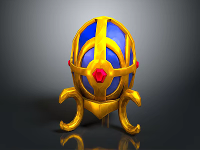 Decorative Ornament Set With Golden Egg Shaped Design Blue Accents Red Gemstone And Curved Stand 3d model