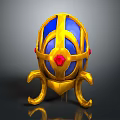 Decorative Ornament Set With Golden Egg Shaped Design Blue Accents Red Gemstone And Curved Stand