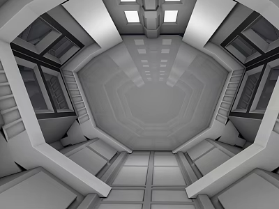 Cartoon Sci Fi Interior Scene With Symmetric Geometric Walls Ceiling And Floor Panels 3d model