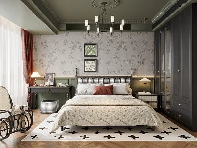 Modern Luxurious Bedroom Interior With Patterned Wallpaper Four Poster Bed Chandelier And Nightstands 3d model